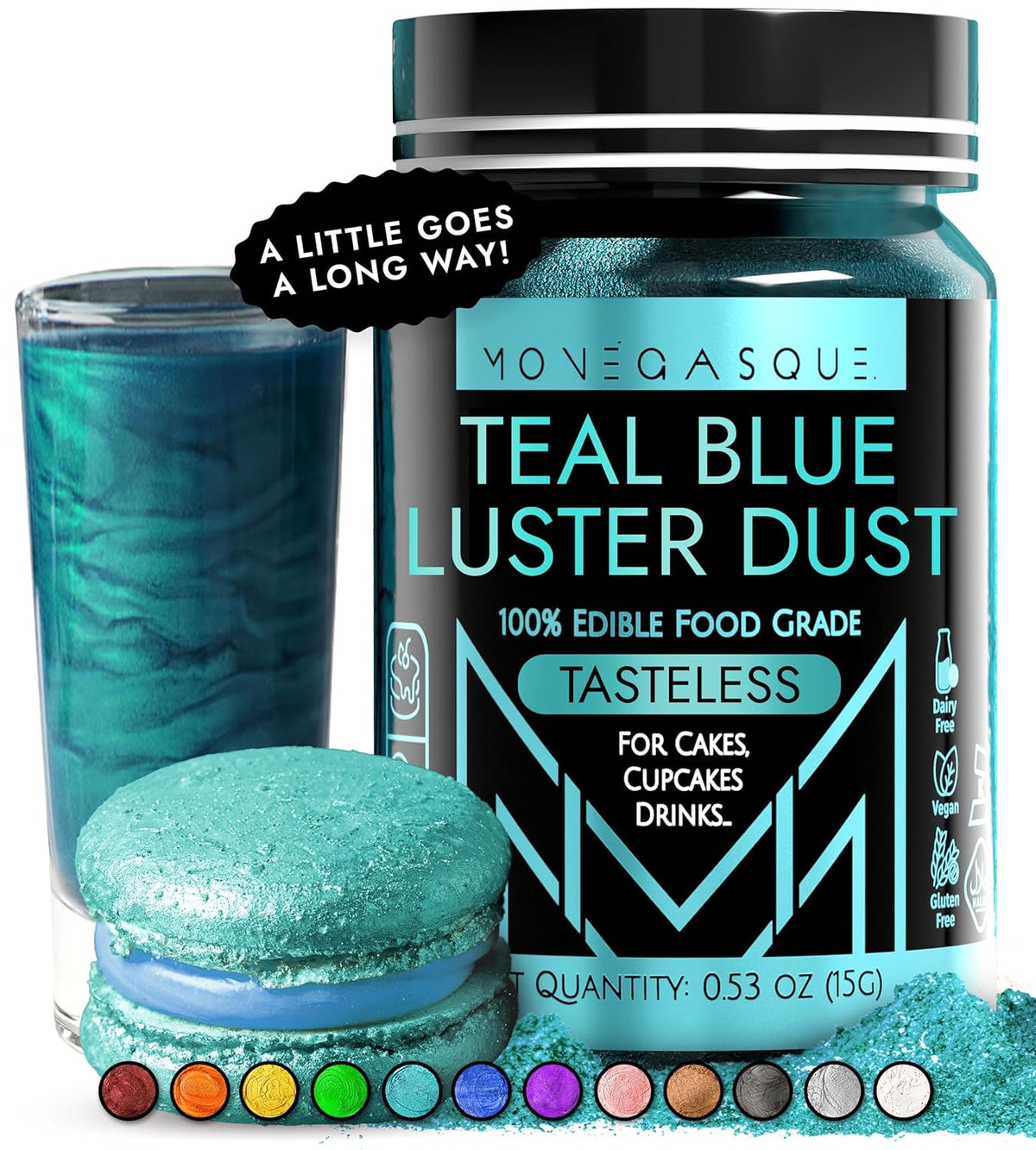 MONÉGASQUE Teal Blue Edible Glitter for Drinks 15g – Halloween Edible Glitter for Cakes & Cocktails – Cocktail, Cake, & Cupcake Luster Dust Spray – Teal Food Coloring & Drink Decorations Sprinkles