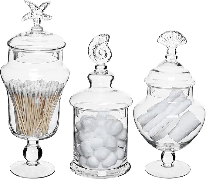 MyGift Clear Glass Apothecary Jars with Lid, Decorative Seashell Design Bathroom Canister, Footed Candy Buffet Containers, Set of 3