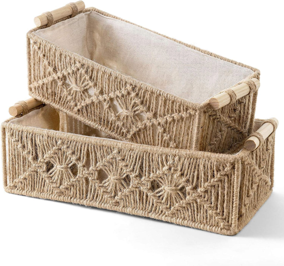 Mkono Macrame Storage Baskets Boho Decor Box Handmade Woven Decorative Countertop Toilet Tank Shelf Cabinet Organizer for Bedroom Livingroom Home, Set of 2, Brown