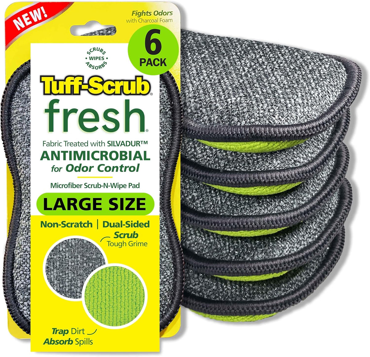 Fresh Tuff-Scrub Antimicrobial Microfiber Scrub-N-Wipe Sponge Pads, Fabric Treated with SILVADUR Antimicrobial Technology and Charcoal-Infused Foam, 6-Pack Green Large Size Pads