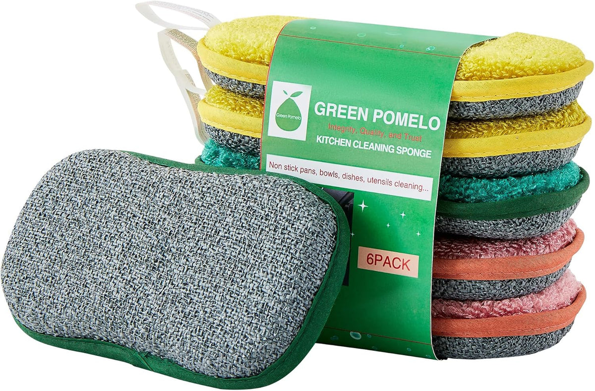 Multipurpose Sponges Kitchen,6 Pack Reusable Non-Scratch Scrub Sponge,Rough Scrubbers Side for Pots and Pans,Soft Microfiber Scrub Side for Washing Dishes