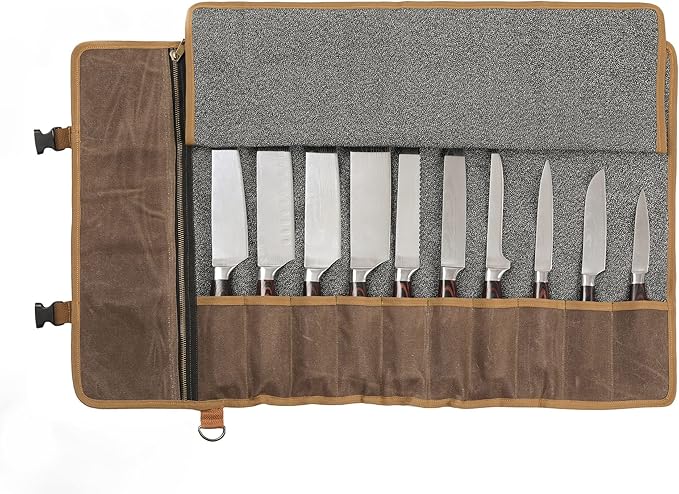 Denifiter Professional Chef's Knife Bag with Anti Cutting Fabric Inside, Heavy Duty 16oz Waxed Canvas Knife Roll, 11 Slots & Durable Handle Adjustable Shoulder Strap (Grey)