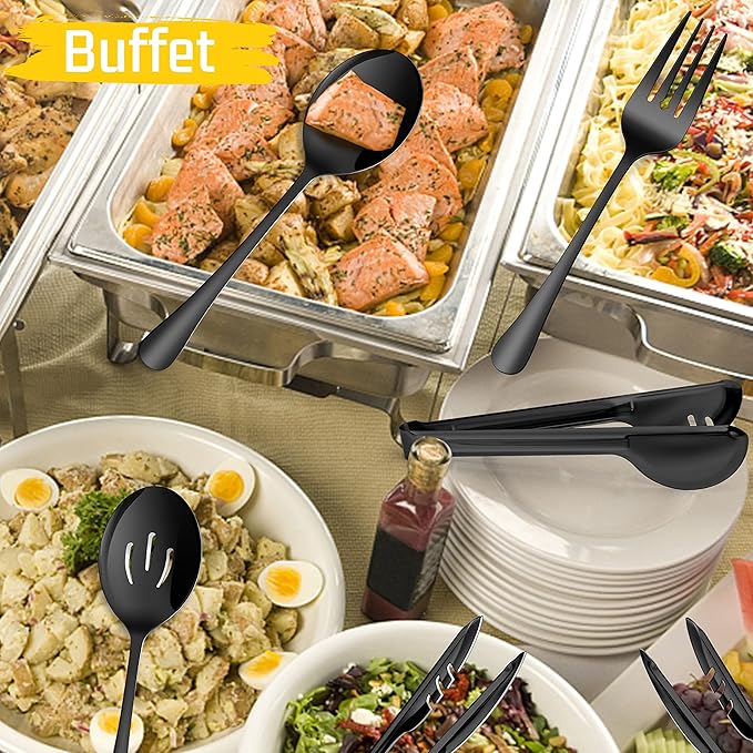 Large Black Serving Utensils Set of 8, E-far Stainless Steel 9.8 Inch Serving Spoon Slotted Spoon, 9.9 Inch Fork, 9.4 Inch Tong for Buffet Catering, Mirror Finish & Dishwasher Safe