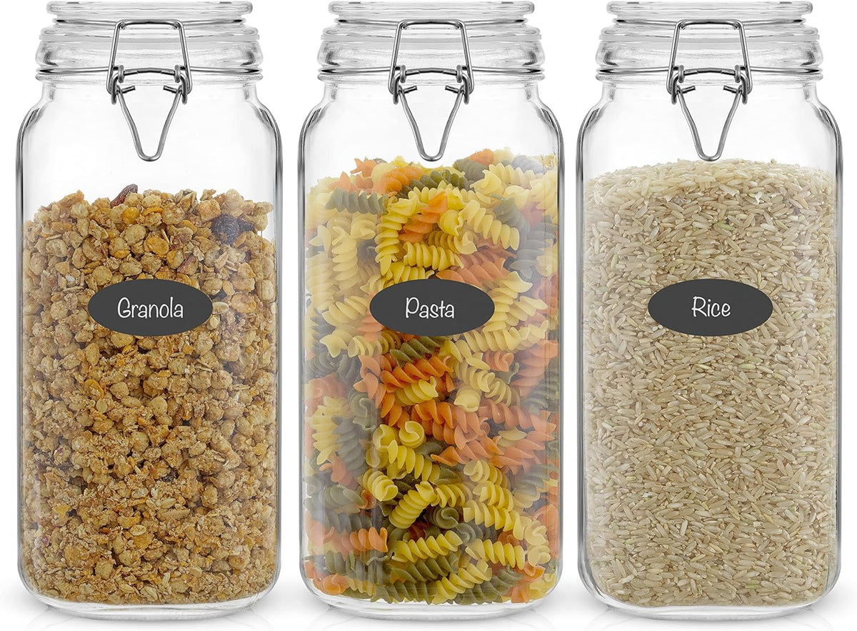 JoyJolt Airtight Glass Jars with Lids Set of 3. 78oz Glass Jar with Lid and 6 Silicone Seals! Large Glass Food Storage Containers. Square Mason Jar for Candy, Flour, Pasta Containers for Pantry