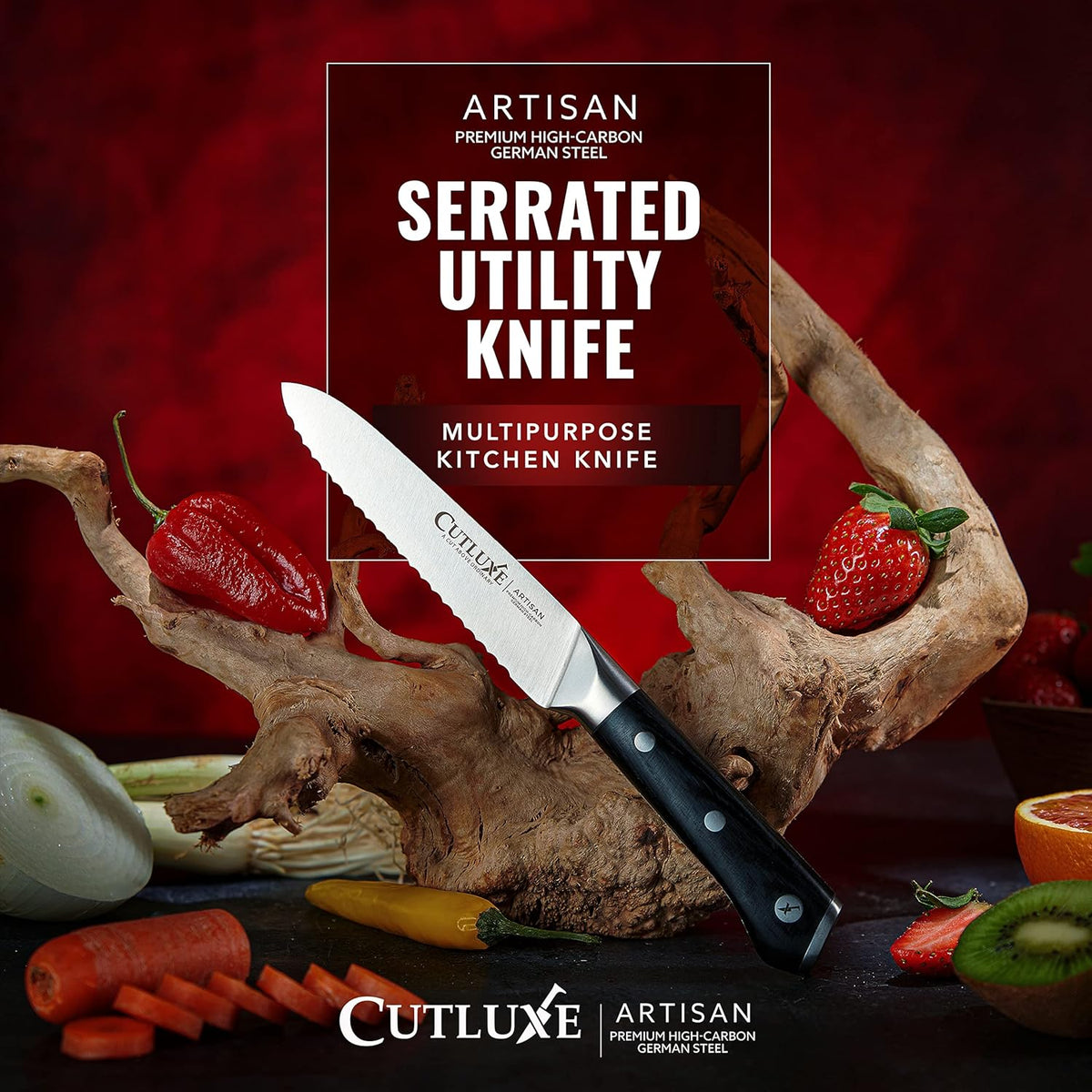 Cutluxe Kitchen Utility Knife – 5" Serrated Ultra Sharp Blade, Ergonomic Handle, Full Tang – Forged High Carbon German Steel – Artisan Series