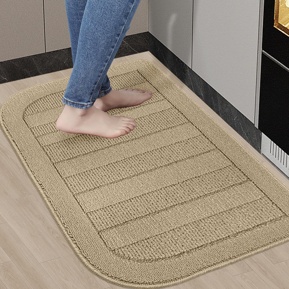 BEQHAUSE 24x36 Inch Kitchen Rug Mat Durable Kitchen Rugs Non-Slip Washable Absorbent Kitchen Mats for Floor Dirt-Resistant Semicircular Kitchen Mat (Beige)