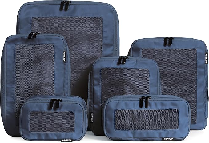 Aerotrunk Compression Packing Cubes for Travel - Luggage Organizer Bags - Double Zipper Packing Cubes for Suitcases (6-Pack, Dark Blue)