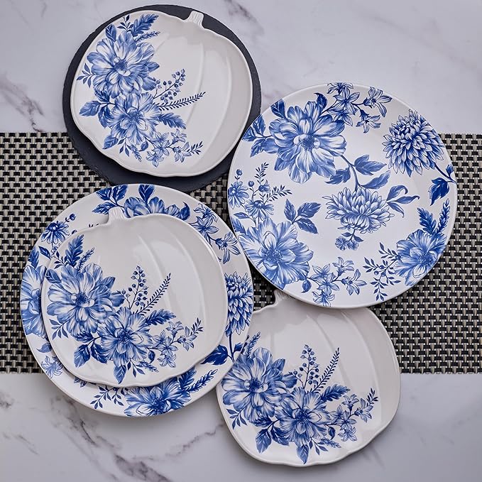 Bico Blue Floral Haven Dinner Plates Set of 4, 11 Inch Large Ceramic Plates for Pasta, Steak, Stylish Serving Dishes, Microwave and Dishwasher Safe, Gift for Housewarming and Thanksgiving