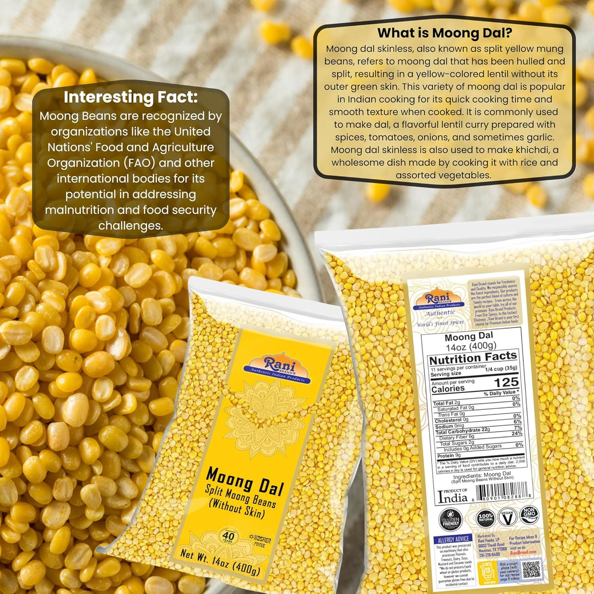 Rani Moong Dal (Split Mung Beans Without Skin) Lentils Indian 14oz (400g) ~ All Natural | Gluten Friendly | Non-GMO | Kosher | Vegan | Indian Origin