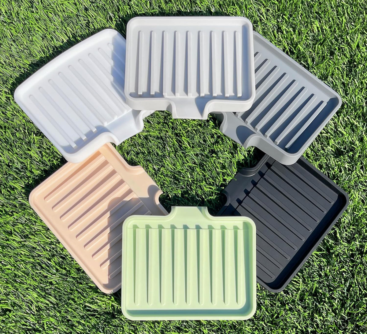 Happitasa Silicone Soap Dish Tray and Sponge Holder with Drain Chute, Pack of 2 | Bathroom and Kitchen Sink Organizer Caddy (Black, 5.2"x4", 7.2 Ounces)