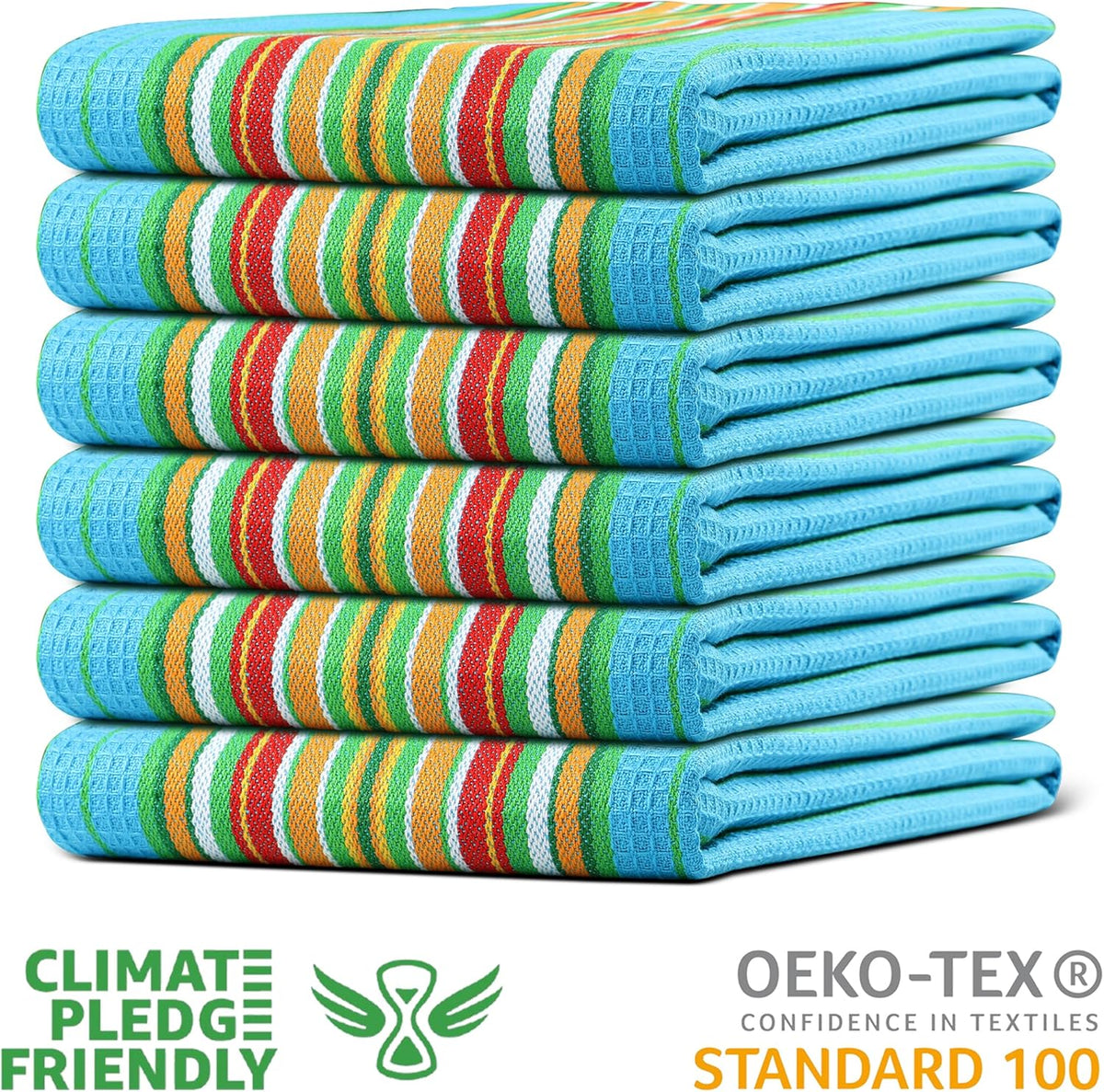 Urban Villa Kitchen Towels Waffle Stripes Dish Towels for Kitchen Azure Color Set of 6 Kitchen Towels Highly Absorbent Cotton Over Sized 20X30 in with Mitered Corners Kitchen Hand Tea Towels