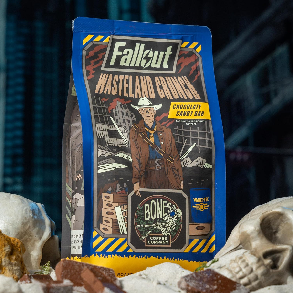 Bones Coffee Company Fallout Wasteland Crunch,Chocolate Candy Bar Flavored Coffee, Medium Roast Low Acid Arabica Beans Compatible with Auto drip and French Press Coffee Maker, 12 Oz Whole Bean