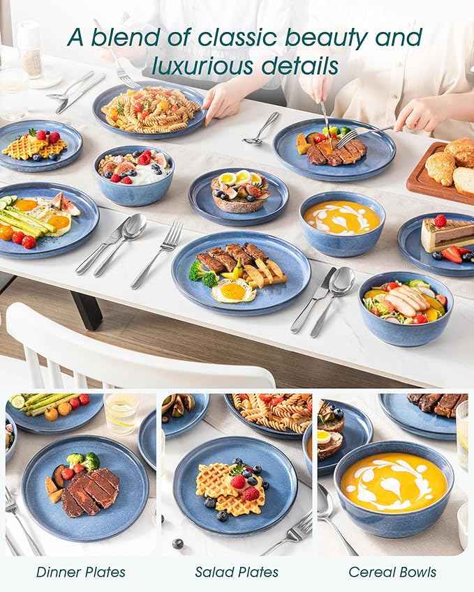 vancasso ANYA 24 Pieces Plates and Bowls Set, Blue Dinnerware Sets, Reactive Glaze Dishes Set for 8, Ceramic Dishware Sets Kitchen Dinner Set, Microwave & Dishwasher Safe