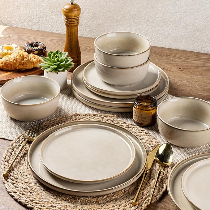 AmorArc Stoneware Dinnerware Sets,Round Reactive Glaze Plates and Bowls Set,Highly Scratch Resistant | Dishwasher & Microwave Safe Dishes Set,Service for 4 (12pc)