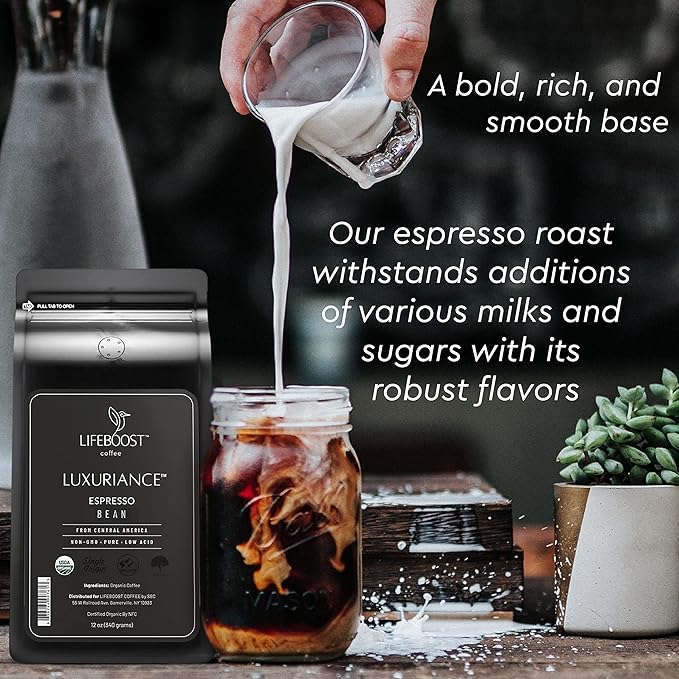 Lifeboost Organic Espresso Beans Whole – USDA Organic, Low Acid, Mold-Free Dark Roast Coffee – Whole Bean, Single Origin, High Caffeine Arabica – 12 oz Bag