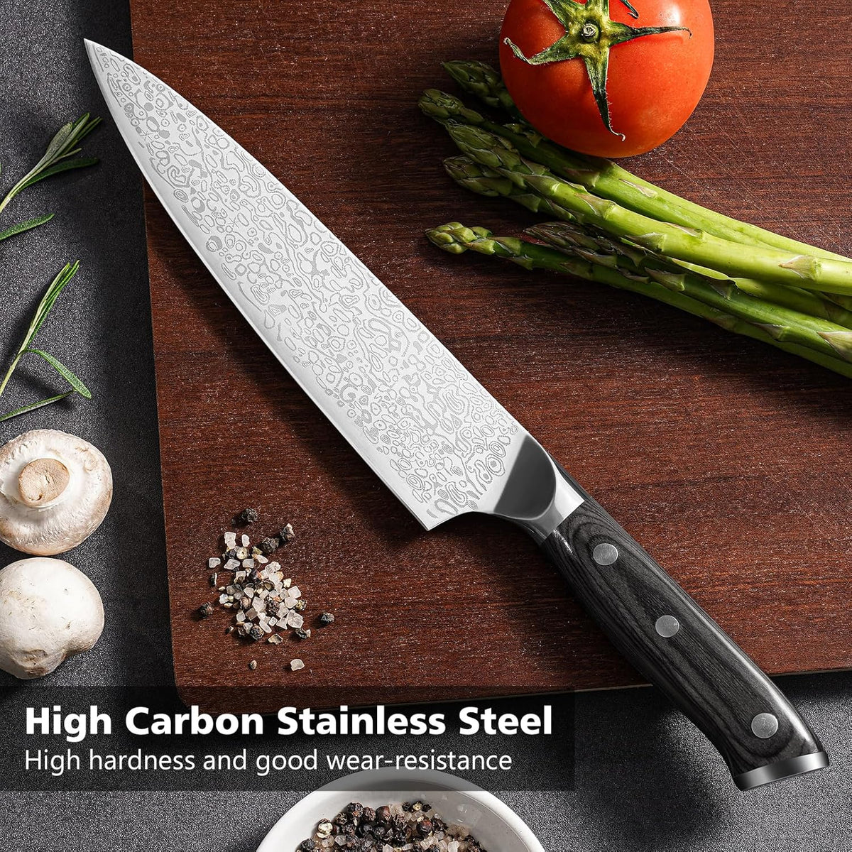 8 Inch Chef Knife, Kitchen Knife with Sharpener and Finger Guard, Professional Steel Sharp Chef's Knife Set with Ergonomic Handle, Gifts for Mom/Dad, Black