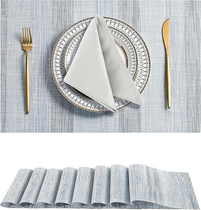 Leetaltree LightSteel Blue Placemats Set of 8 - Heat Resistant Non-Slip Place mats for Dining Table, Washable Durable PVC Vinyl Woven Table Mats（LightSteel Blue, 8）