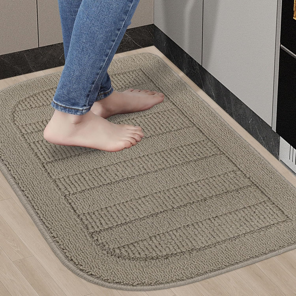 BEQHAUSE 30x18 Inch Kitchen Rug Mat Durable Kitchen Rugs Non-Slip Washable Absorbent Kitchen Mats for Floor Dirt-Resistant Semicircular Kitchen Mat (Taupe)
