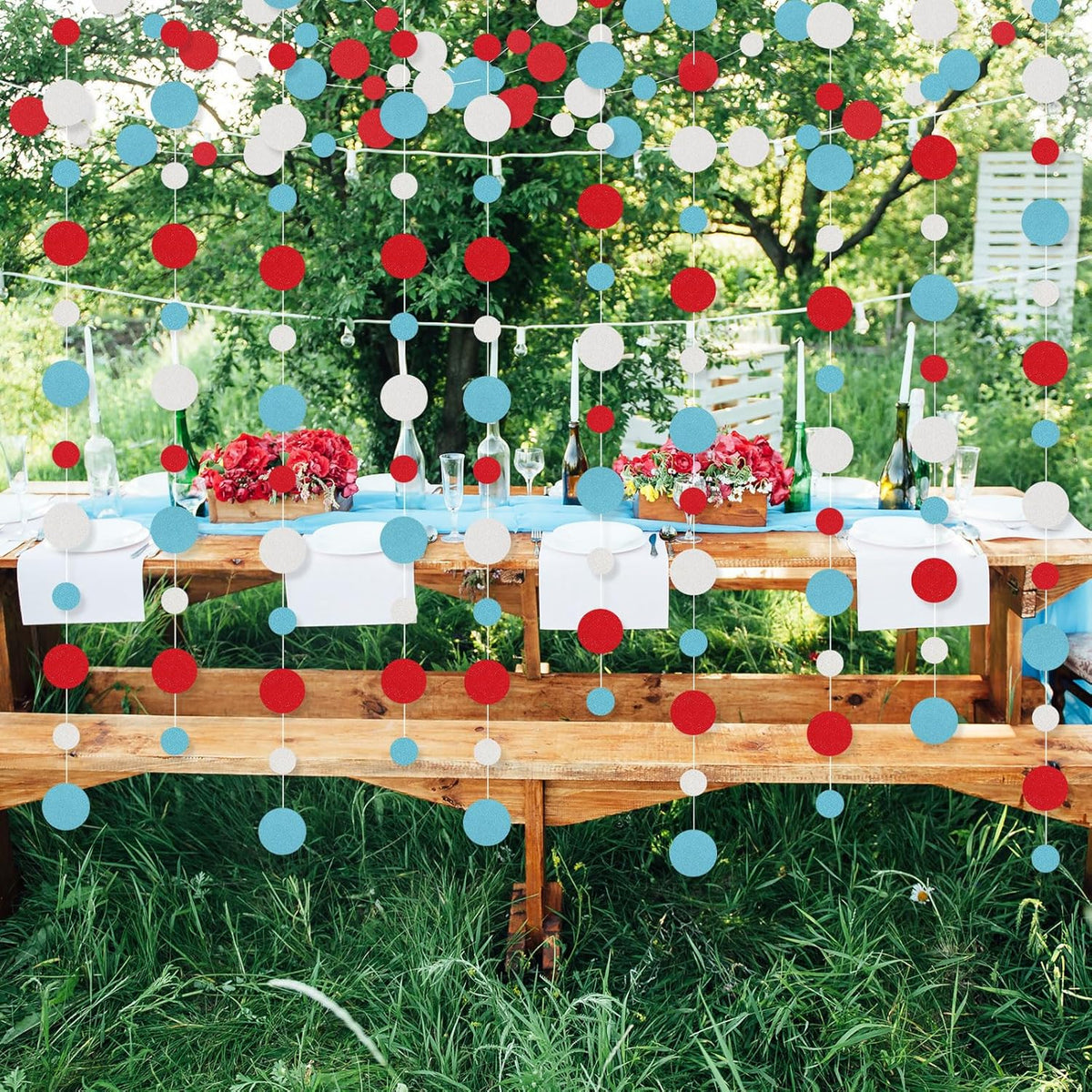 Outus 10 Pieces Colorful Dots Paper Garland Round Glitter Garland Hanging Confetti Streamers Backdrop Decoration for Birthday Classroom Candy Sprinkles Trunk or Treat Party (Light Blue,White,Red)