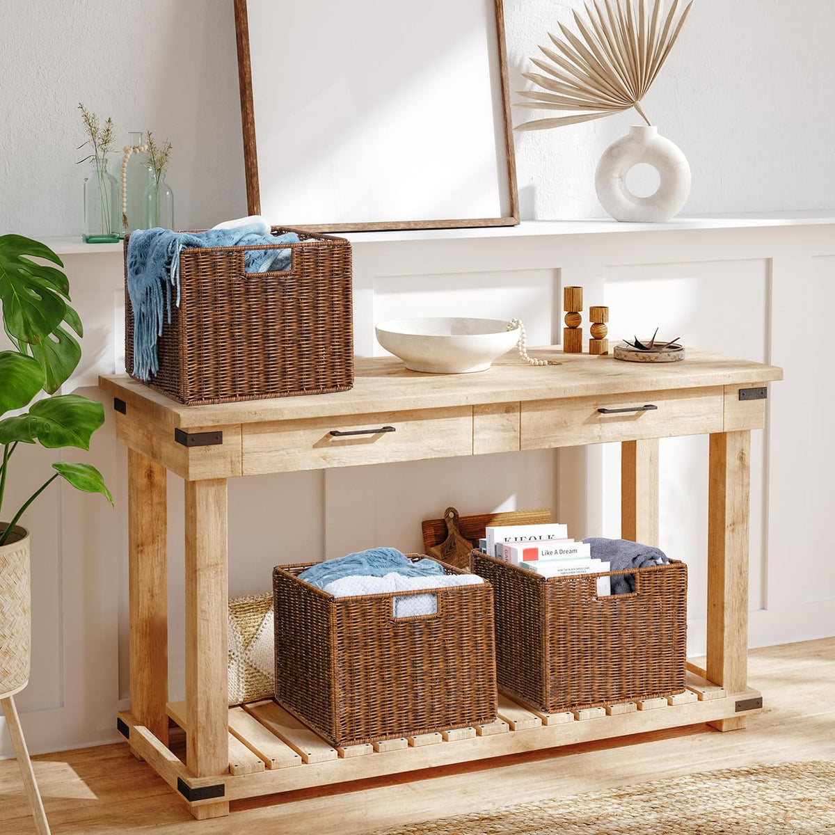 Wicker Storage Basket - Large 12x12x10in Cube, Woven Wicker for Shelves, Pantry, Kitchen & Bathroom Organization (Brown)