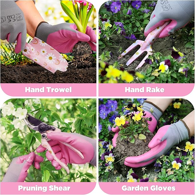WORKPRO Aluminum Garden Tool Set, 4PCS Heavy Duty Gardening Tools with Box Include Trowel, Rake, Pruner, Gloves, Pink, Garden Gifts-Pink Ribbon