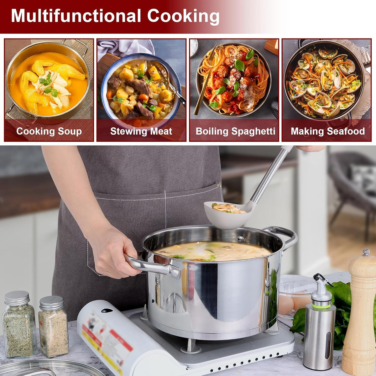 LIANYU 6 QT Stainless Steel Stock Pot, Kitchen Tri-ply Base Cooking Soup Pot with Glass Lid, Heavy Duty Non-toxic Cookware for Meal, Compatible with Induction Cooktop Electric Stove, Dishwasher Safe