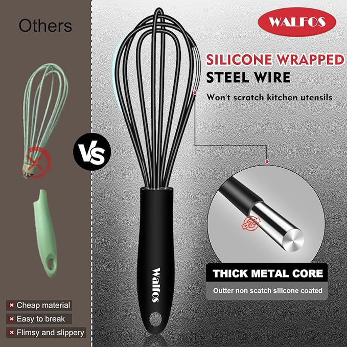Walfos Whisk 5+7in/12cm+17cm Mini Whisk,Silicone Whisks Non Scratch Heat Resistant (480°F). Nice for stirring individual eggs and mixing small amounts of powder and sauce.Dishwasher Safe.Black