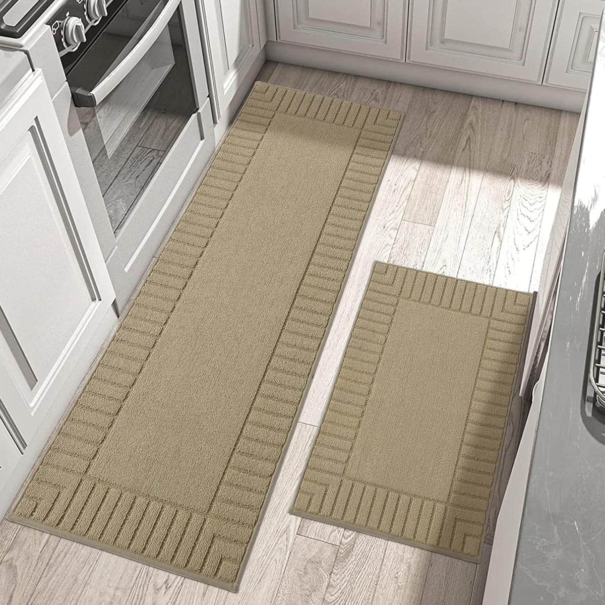 BEQHAUSE Kitchen-Rugs-and-Mats,Anti-Slip Kitchen Rugs,Machine Washable Kitchen Mats for Floor Taupe Comfortable Kitchen Mat Set of 2 with TPR Backing 24x35inch/24x60inch