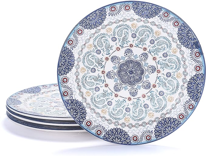 Bico Blue Talavera Dinner Plates Set of 4, 11 Inch Large Ceramic Plates for Pasta, Steak, Stylish Serving Dishes, Microwave and Dishwasher Safe, Gift for Housewarming and Thanksgiving