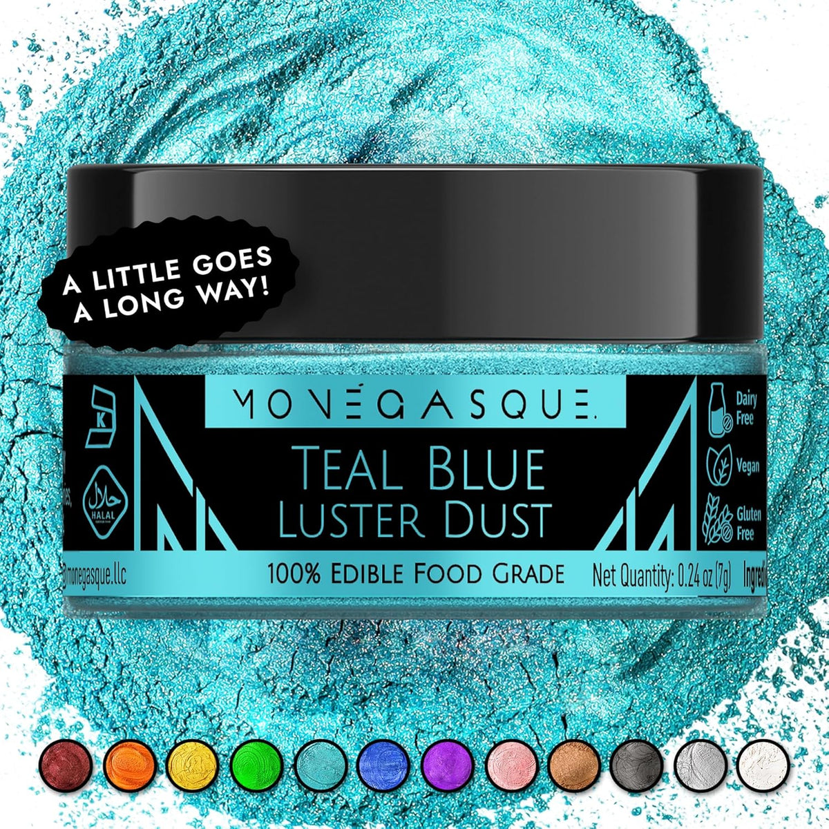 MONÉGASQUE Teal Blue Edible Glitter for Drinks 7g – Edible Glitter for Cakes & Cocktails Shimmer – Cocktail, Cake, & Cupcake Luster Dust Spray – Teal Food Coloring & Halloween Drink Decorations