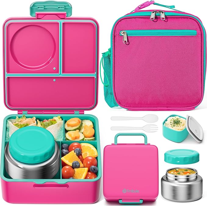 Fimibuke Bento lunch Box Set for Kids Adult with 8oz Insulated Food Jar, Lunch Bag & Sauce Cup, Leakproof Dishwasher Safe Toddler Lunch Food Container with 3-4 Compartment for School Girls Boys