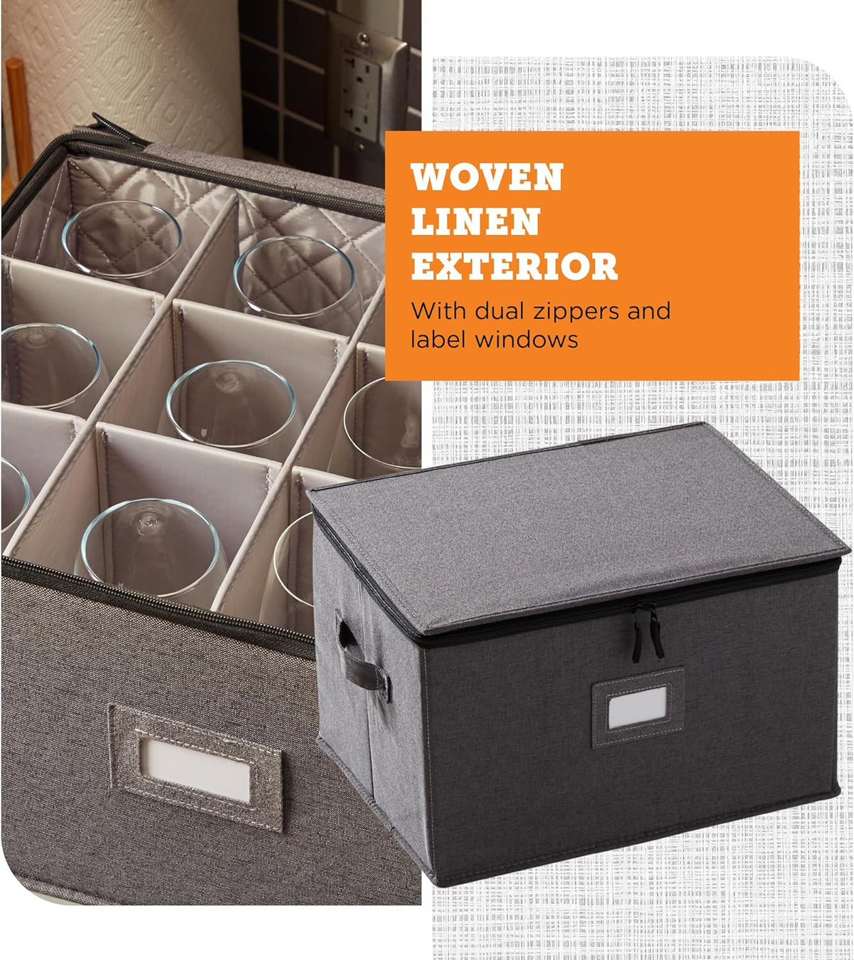 storageLAB Wine Glass Storage Containers, Hard Shell Organizer for Stemware and Glassware Sets, Stackable Wine Glass Storage Box with Dividers for Kitchen and Moving Supplies - 1 Pack, Gray