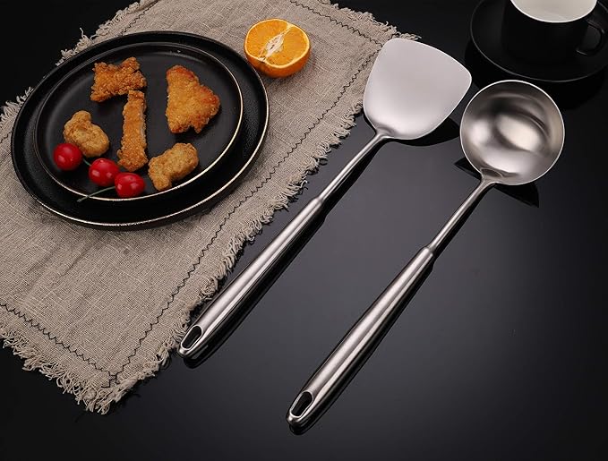 FJNATINH Wok Spatula and Soup Ladle Set - 304 Stainless Steel Wok Utensil Tools Set, 2 Pieces All Metal Cooking Kitchen Utensils,Chinese Wok Accessories for Cast Iron/Carbon Steel Wok