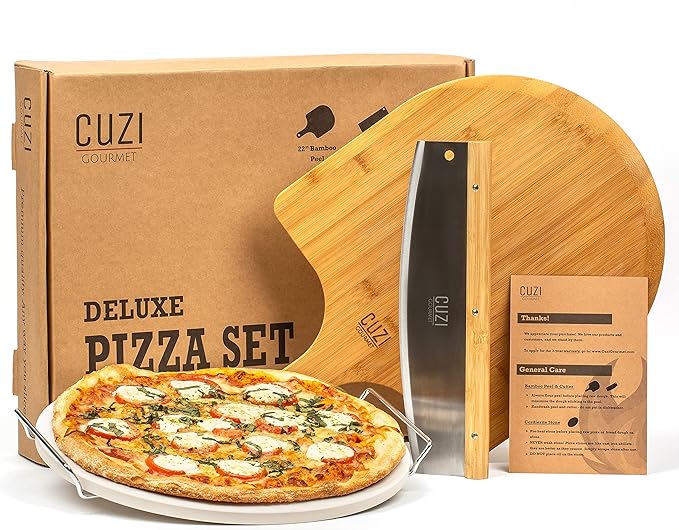 Cuzi Gourmet 4-Piece Large Pizza Stone Set - 13" Thermal Shock Resistant Cordierite Pizza Stone with Handle Rack, 19" Natural Bamboo Pizza Peel & Pizza Cutter - Large Baking Stone for Grill and Oven