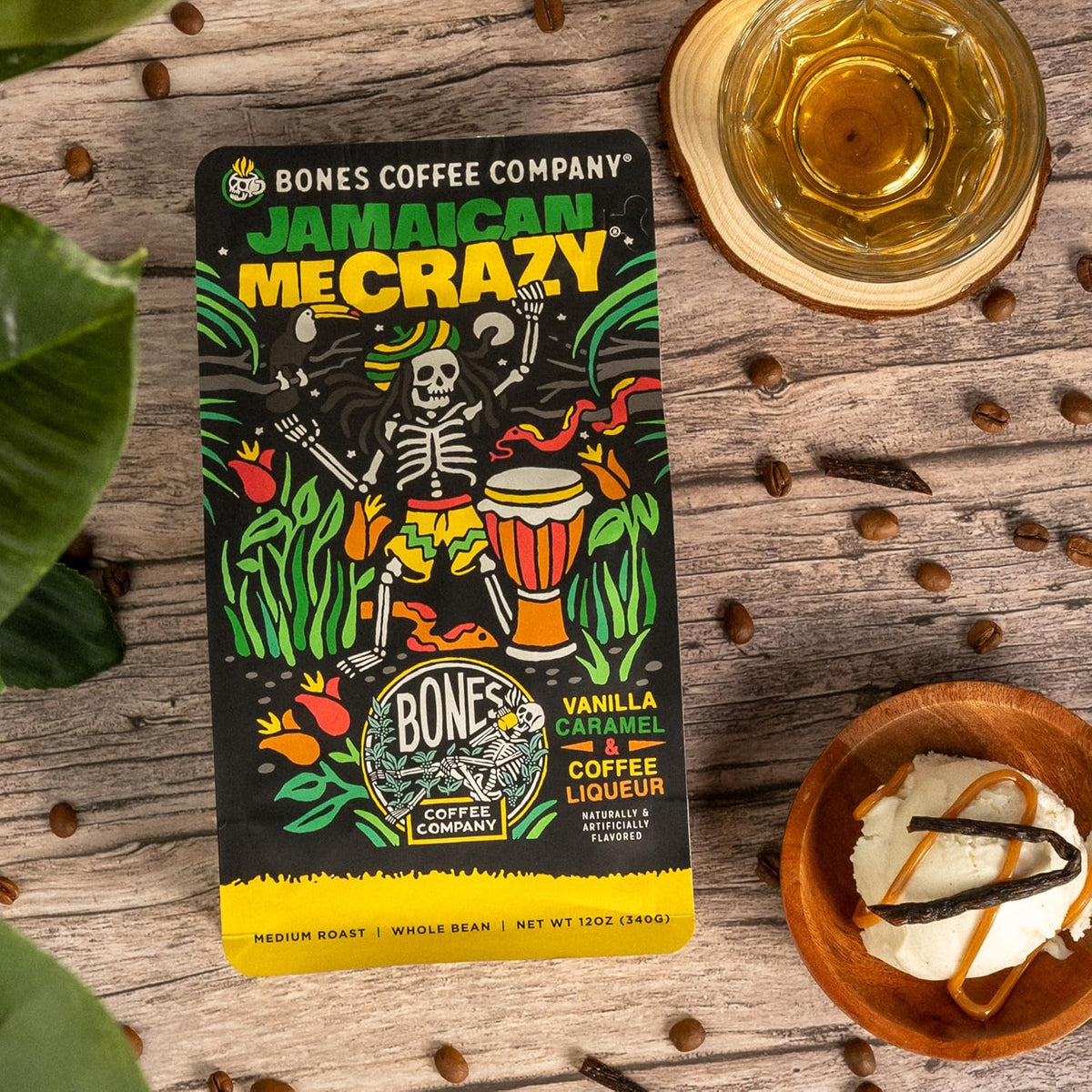 Bones Coffee Company Jamaican Me Crazy, Vanilla Caramel Flavored Coffee, Medium Roast Low Acid Arabica Beans Compatible with Auto drip and French Press Coffee Maker, 12 Oz Ground