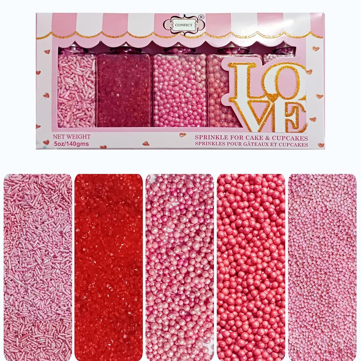 Confect Sprinkles for Cakes & Cupcakes Decoration Assorted pack of 5 Pink Pop Sprinkles Mix Blush Pink, Baby Suger & Coral Dragees Baby Pink Jimmies Vegan, Gluten-Free, Nut-Free, Soy-Free, Dairy-Free , Handcrafted Sprinkle- 5 Oz