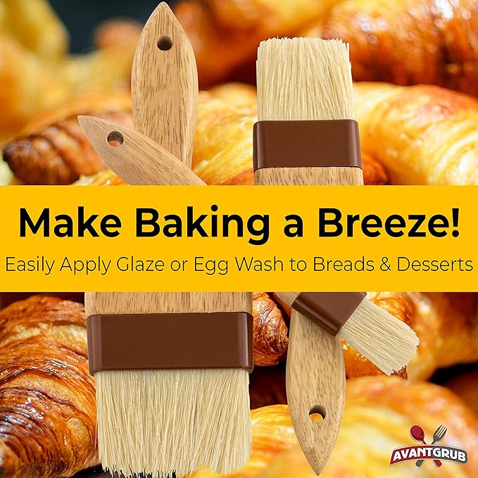 Durable, Hardwood 1, 2, 3in Boar Bristle Pastry Brush Set. Grill and Kitchen Flat Brushes for Basting Meat, Spreading Butter, BBQ Sauce or Marinades. Chef Quality Cooking, Baking or Grilling Tools