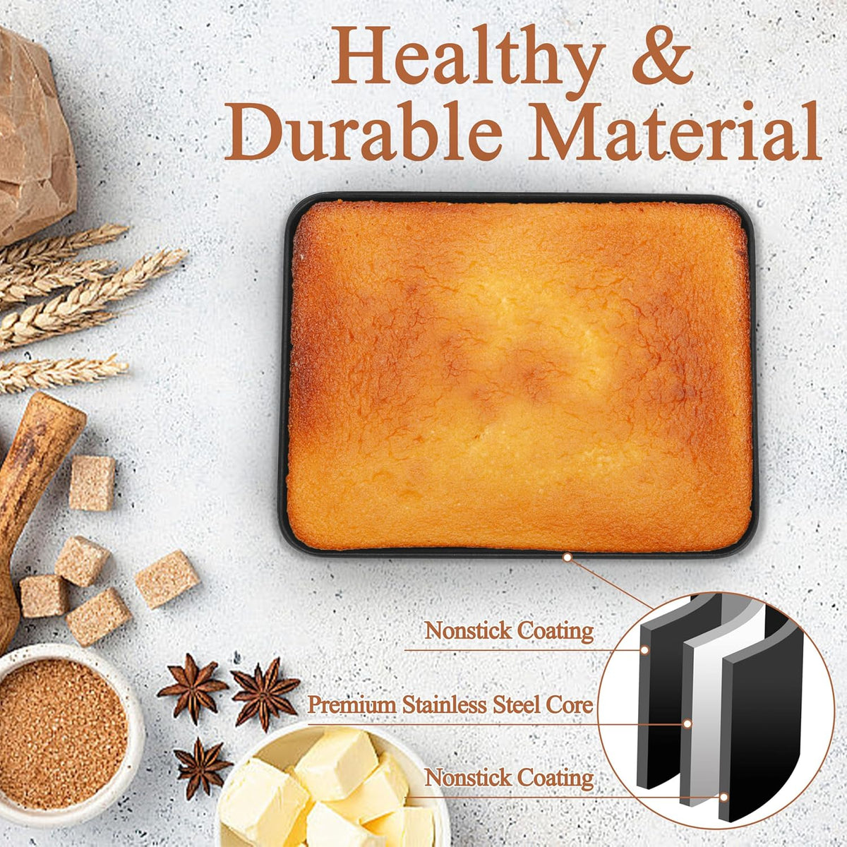 LIANYU 12⅓ x 9¾ x 2 Inch Non-stick Baking Pan Set of 4, Rectangle Cake Lasagna Brownies Casseroles Pan, Bakeware for Cooking Roasting Toaster Oven, Stainless Steel Core & Easy Release