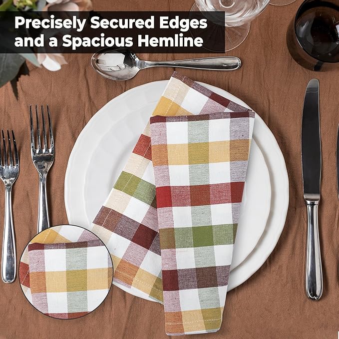 Urban Villa Cloth Napkins Harvest Checks Dinner Napkins Set of 12 20X20 100% Cotton Absorbent Washable Durable Reusable Cloth Napkins Ideal for Farmhouse Party Thanksgiving Harvest Fall Dinner Napkins