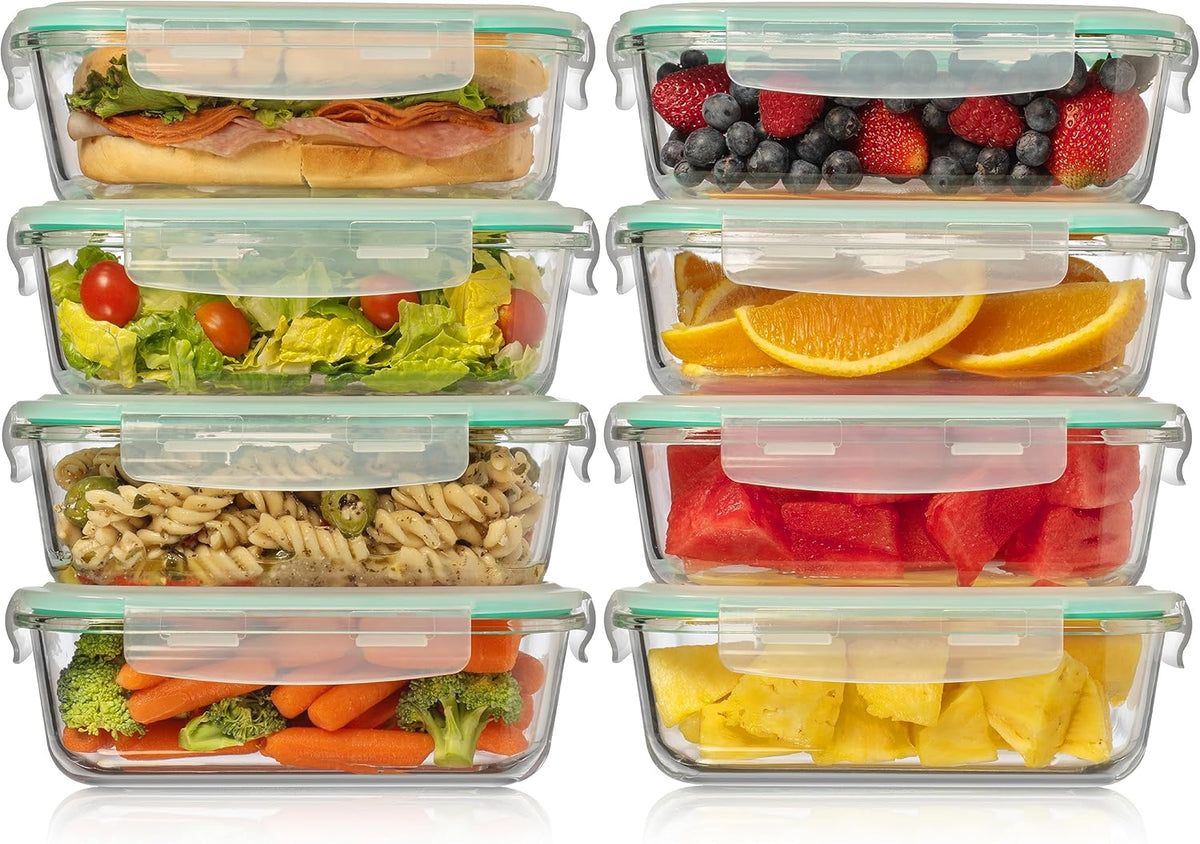 Fusion Gourmet 8 Pack 35 oz Glass Storage Containers with Lids - Airtight, Leakproof, Oven, Microwave & Freezer Safe, Stain & Odor Resistant, Reusable Meal Prep Containers (16-Piece)