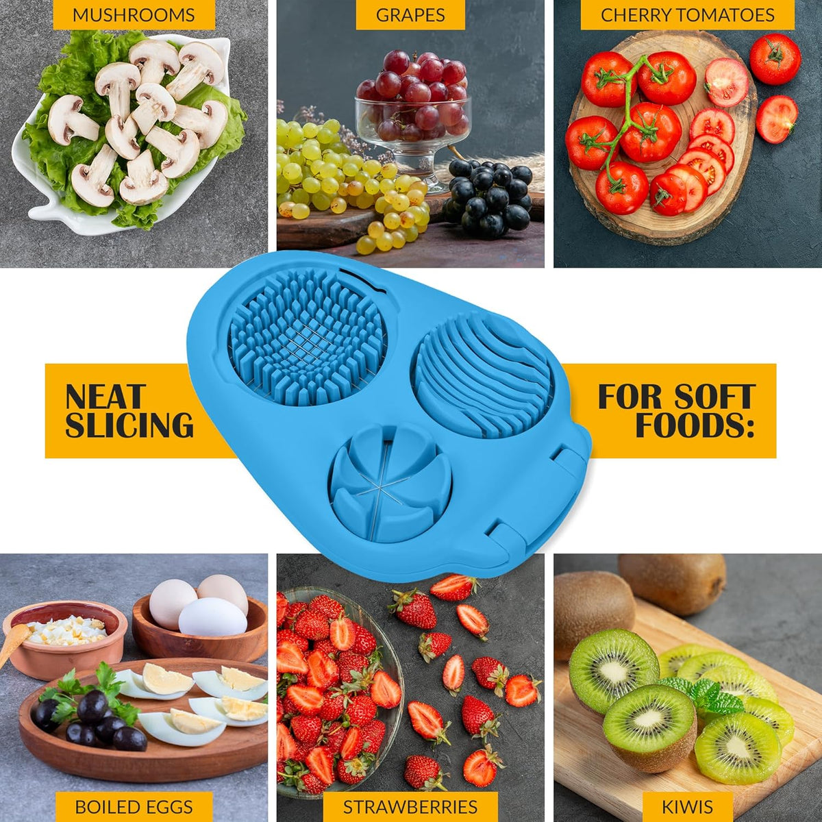 CraftyCrocodile Egg Slicer for Hard Boiled Eggs - 3 Slice Modes Egg Cutter, Heavy Duty, Stainless Steel Dicer - Kitchen Chopper Tool for Strawberry, Mushroom, Grape, Cherry Tomato - Blue