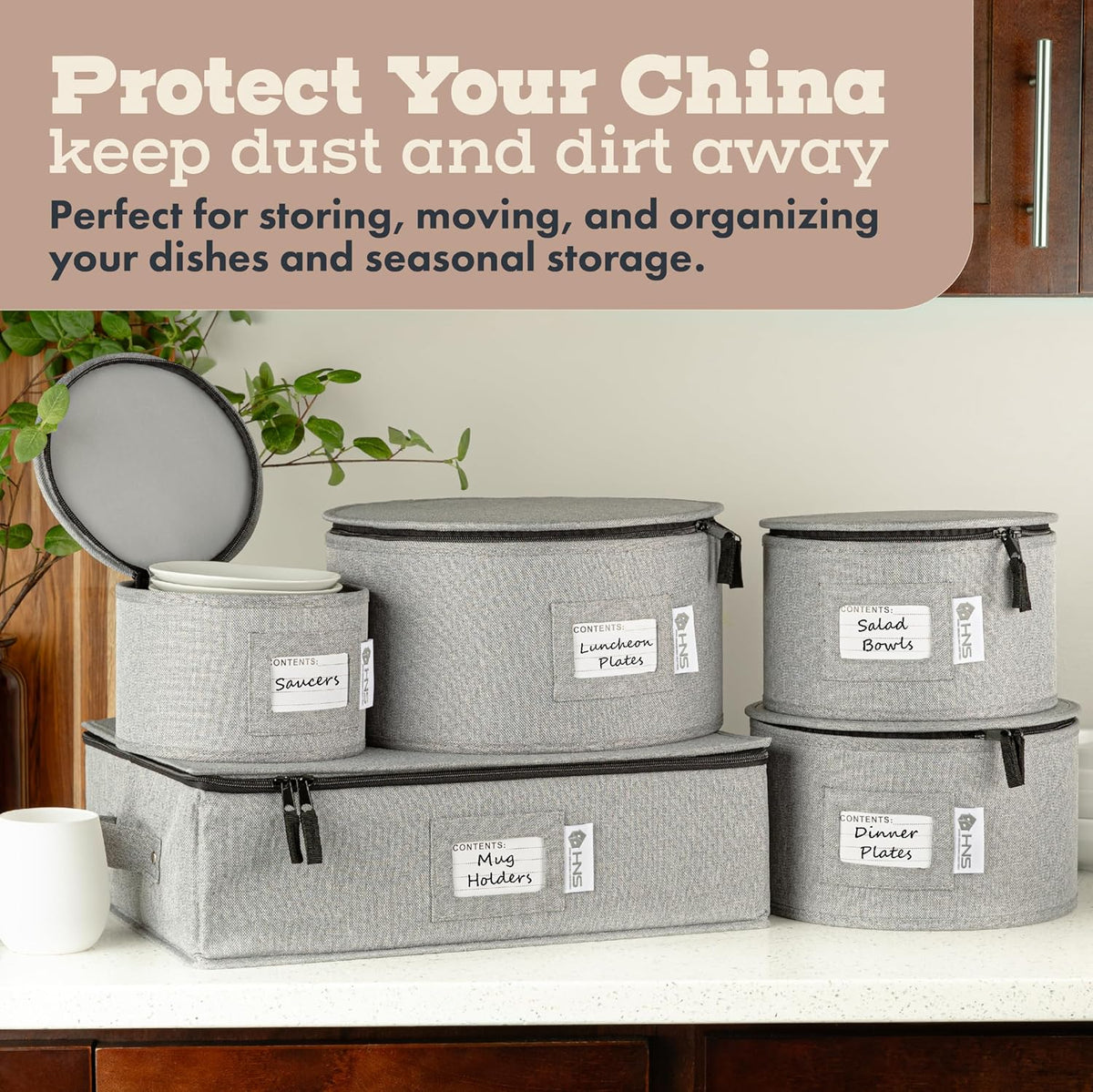 Hard Shell China Storage Containers 5-Piece Set Moving Boxes for Dinnerware, Glasses, Plates, Mugs and Saucers Sturdy Dish Organizer with Dividers for Seasonal Storage - Service for 12 - Gray