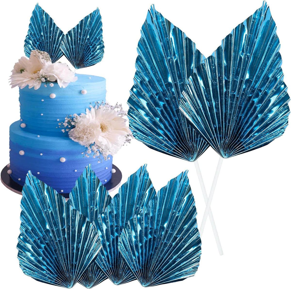 Gyufise 6Pcs Paper Palm Fan Cake Toppers Palm Spear Leaves Fan Cupcake Toppers Cake Insert Decorations Craft DIY Cake Bakeware Decoration for Birthday Party Wedding Party Decor Supplies Light Blue
