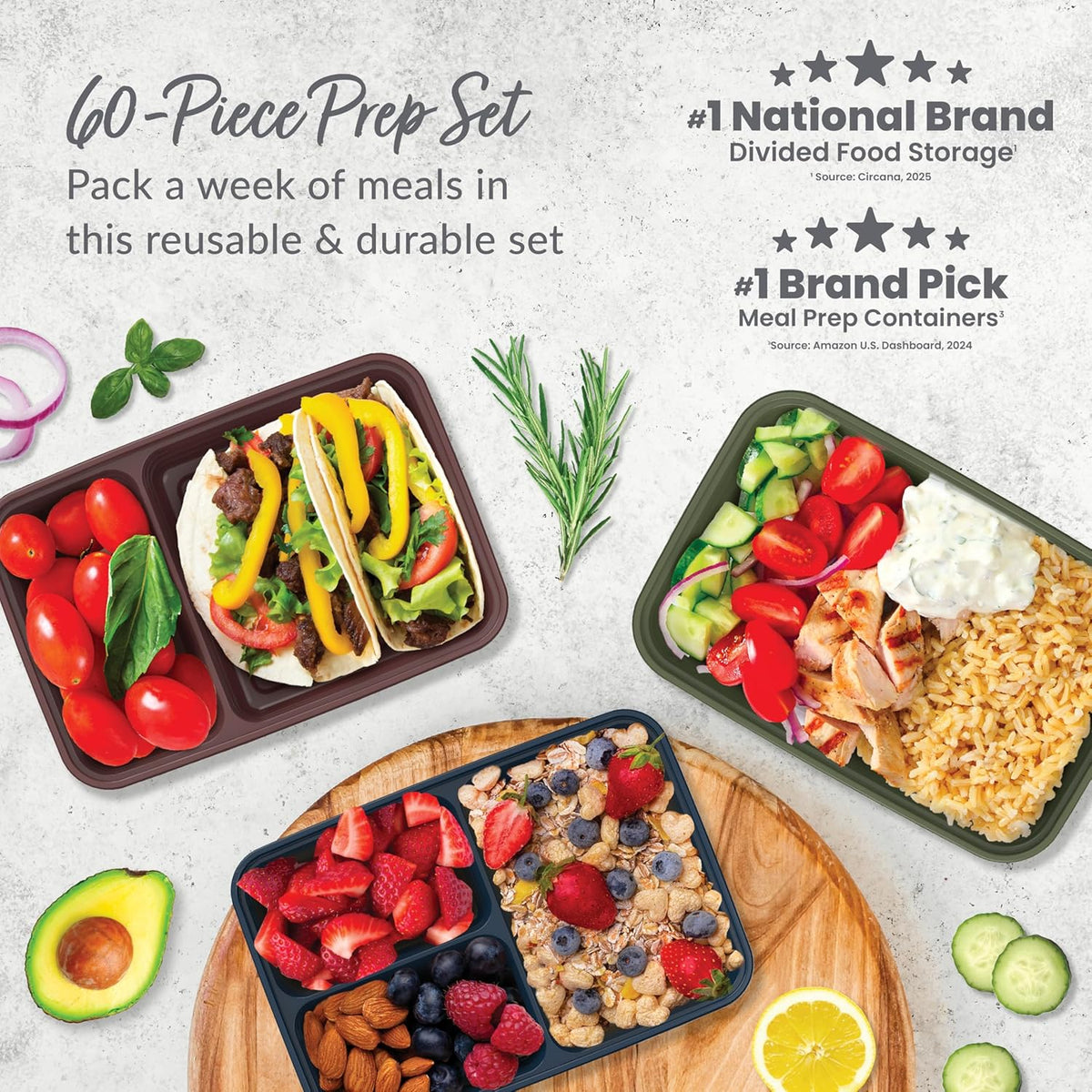 Bentgo Prep 60-Piece Meal Prep Kit - Reusable PFAS & BPA-Free Food Containers, 1-Compartment, 2-Compartment, & 3-Compartments - Microwave, Freezer, & Dishwasher Safe (Rich Shades)