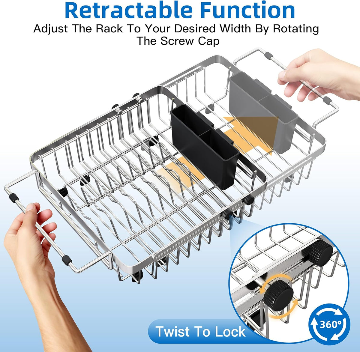 romision Expandable Dish Drying Rack Over The Sink Small Metal Stainless Steel Plate Holder for Compact Kitchen, Space Saving Modern Silver Hanging Drainer