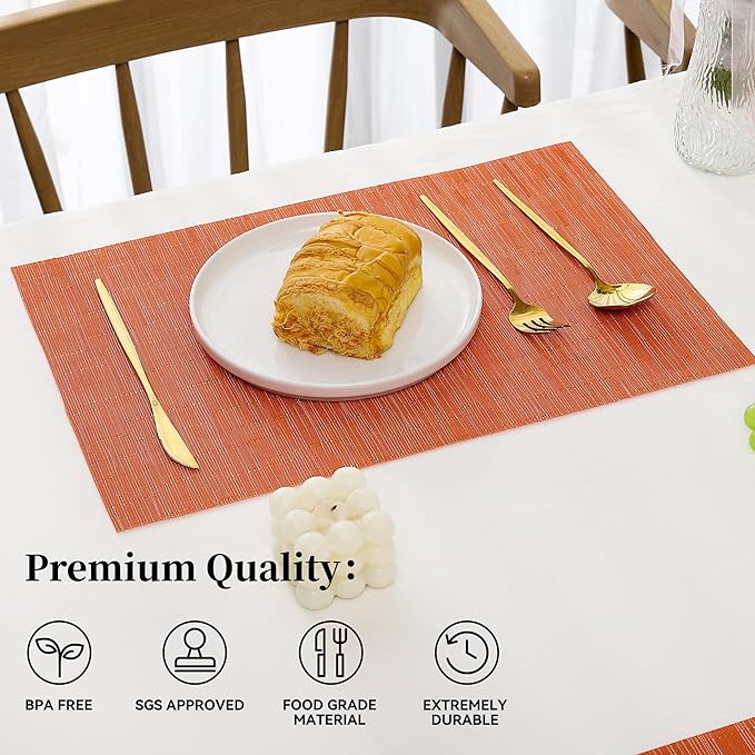 Leetaltree Orange Placemats Set of 12 - Heat Resistant Non-Slip Place mats for Dining Table, Washable Durable PVC Vinyl Woven Table Mats（Orange, 12）