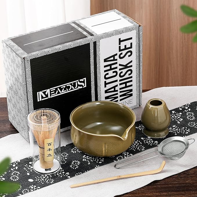 Matcha Whisk Set – 5 Piece Japanese Matcha Tea Set w/Ceramic Matcha Bowl, 100-Prong Bamboo Whisk & Holder, Scoop, & Stainless Sifter – Traditional Matcha Making Kit (Mottled Green)