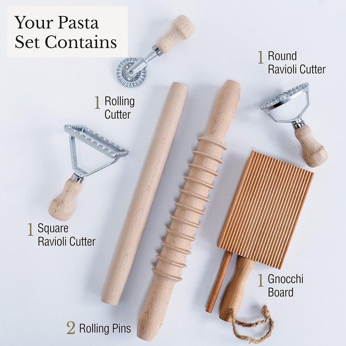 Complete 6 Pcs Pasta Making Tool Set Includes Two Ravioli Stamp Maker Cutter And Roller Wheel Set, Two Pasta Rolling Pins, Gnocchi Board By Cotswold Homeware Co