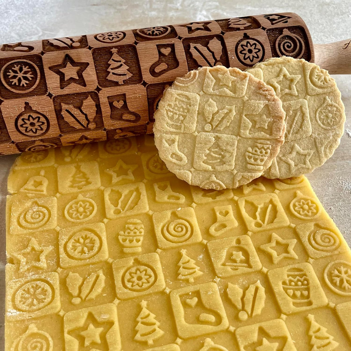 CHRISTMAS TILES Embossing Rolling Pin. Laser Engraved Dough Roller for Embossing Homemade Christmas Cookies by Algis Crafts