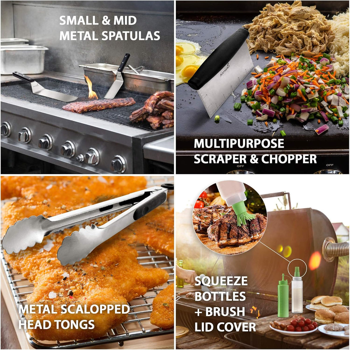 Anmarko Metal Spatula Set Stainless Steel and Scraper - Professional Chef Griddle Spatulas Set of 6 - Heavy Duty Accessories Great for Cast Iron BBQ Flat Top Grill